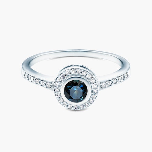 Pierścionek zaręczynowy SAVICKI: białe złoto, niebieski szafir